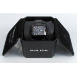 Police, a gentleman's black ceramic dual time bracelet watch, the square black dial with two time