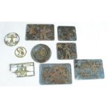 Six brass printing blocks, of various designs, together with three other brass pieces