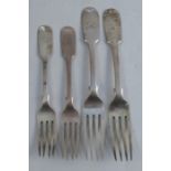 A pair of silver fiddle pattern dinner forks, together with a matching pair of dessert forks, all