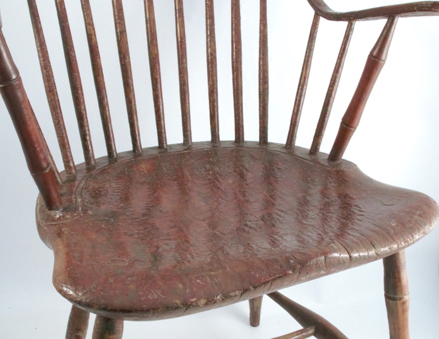 A primitive antique Windsor armchair, with some simulated bamboo spindles, showing signs of original - Image 2 of 4