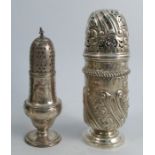 A silver sugar caster, with pierced and embossed decoration, London 1897, weight 5oz, together