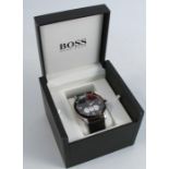 Hugo Boss, a gentleman's chronograph wrist watch, on a rubber strap, the black dial with