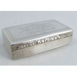 A 19th century silver snuff box, of rectangular form, with engraved presentation inscription to