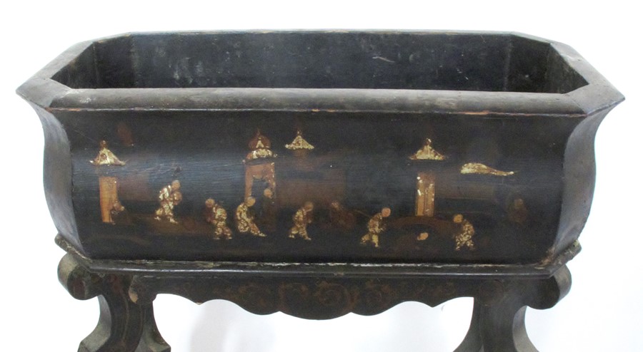 A 19th century papier mache plant stand, the rectangular trough decorated with Oriental figures, the - Image 2 of 4
