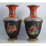 A pair of late 19th century vases, with rams mask handles, the bodies decorated with figures and
