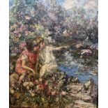 Edward Atkinson Hornel, oil on canvas, two girls seated beside a pool, signed and dated, 30ins x