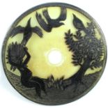 Clare Henshaw, a circular glass panel, decorated with a figure with trees and birds, diameter 17.
