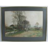 H C Fox, watercolour, rural scene with figure riding a bay horse, leading a grey horse, dated