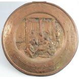 An Elkington & Co copper charger, relief decorated with a Classical scene, with German and English
