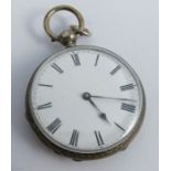 A silver fob watch, circa 1900, with a cylinder escapement bar movement