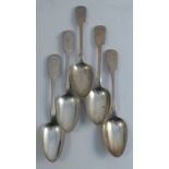 A set of five silver fiddle pattern serving spoons, engraved with an initial, London 1839, maker