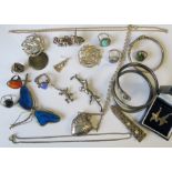 A collection of silver and silver coloured jewellery, including an Ola Gorie blue agate ring in