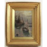 Edwin Hayes RHA, R.I., oil on board, sailing boats in a harbour, 12ins x 7.5ins, signed E Hayes,
