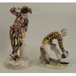 Two Continental porcelain figures, of Harlequin, one with blue crossed swords mark to base, both af,