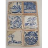 Six various framed tiles, all decorated in blue and white with figures and landscapes, tile size