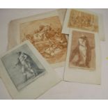 Seven Antique sepia engravings, all of classical subjects, unframed, 16ins x 15ins and down