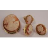 A shell cameo brooch, together with a pair of earstuds, and a ring