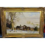 W R Jennings, oil on canvas, Cotswold companions, horses in the snow, 17.5ins x 27.5ins