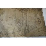 A wall hanging tapestry, with figures outside classical buildings within a landscape, 133ins x 47ins