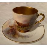 A Royal Worcester miniature coffee cup and saucer, decorated with cattle by H Stinton, circa