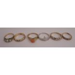 A collection of six 9 carat gold rings, mostly stone set, 12.8g gross