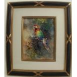 W E Powell, watercolour, a green parrot, Margot, on a perch, 10ins x 7.75ins