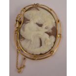 A late Victorian shell cameo brooch, unmarked, carved as Hera feeding the eagle to a knotted