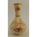 A Royal Worcester blush ivory vase, the wrythen moulded body decorated with flowers, shape number