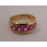 A late Victorian 18 carat gold five stone ruby ring, London 1888, finger size M 1/2, 7.3g gross