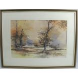 John Harris, watercolour, trees in a river landscape, 30.5ins x 18.5ins