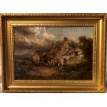 A 19th century oil on canvas, figures and a cottage, bears signature, D Bates, 12.5ins x 18.5ins