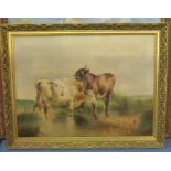 Monogrammed HP, English School, oil on canvas, cattle watering, 19ins x 26ins