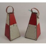 Two aircraft landing markers, of triangular form in red and white, with handle to the top, height