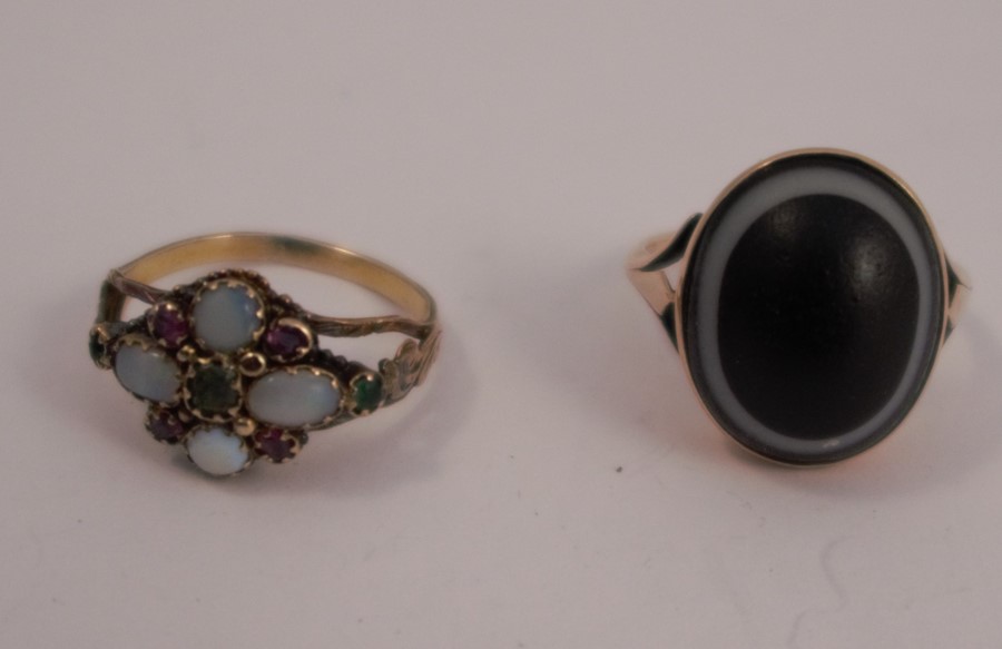 A Victorian opal and stone set ring, together with a banded agate set ringCondition Report: Banded