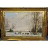 W R Jennings, oil on canvas, deer in the snow, 17.5ins x 27.5ins