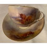 A Royal Worcester teacup and saucer, decorated with highland cattle by H Stinton, circa 1918,