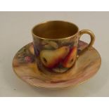 A Royal Worcester coffee can and saucer, decorated with hand painted fruit by R Austin and