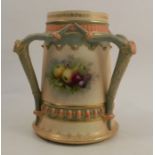 A Royal Worcester loving mug, the three handles formed as antlers decorated with three still lives