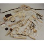 A collection of mother of pearl, bone and ivory sewing accessories, and other items, to include reel