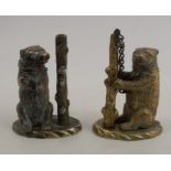 Two novelty brass vestas, formed as the Warwickshire Bear and Ragged Staff, the bears with hinged