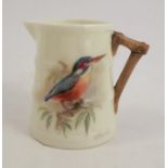 A Royal Worcester rustic jug, decorated with a kingfisher by William Powell, 1926, height 2.