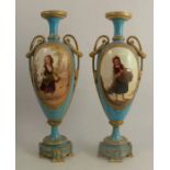 A pair of Royal Worcester pedestal vases, both decorated with oval reverses of children in landscape