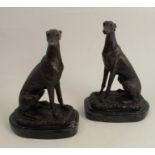After Barrie, pair of patinated bronze models of seated grey hounds, on marble bases, height 8ins