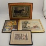 A 19th century colour print, mare and foal in a stable looking at a cat, 8ins x 11.25ins, in a birds