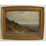 J B Noel, oil on board, two sheep on the side of one of the Malvern Hills, 7.5ins x 10.25ins