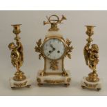A 19th century French gilt metal and marble clock garniture, the striking movement with white enamel