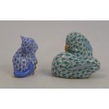 A Herend model, of a blue seated cat, height 1.5ins, together with another Herend model of two green