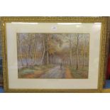 Arthur Edward Strutt, watercolour,  returning from the market, figure walking through woods, 12.5ins