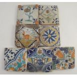 Seven various tiles, some decorated in the Eastern style, with tulip heads and other flowers, one