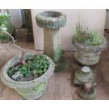 The concrete garden pots, one af, together with a concrete bird bath, in three sections